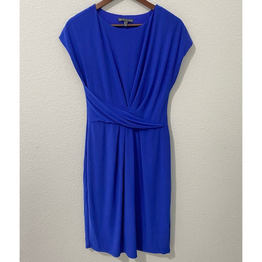 Adrianna Papell Blue Knee Length Dress Size 10 Ruched Waist Cap Sleeve Work - Picture 2 of 11
